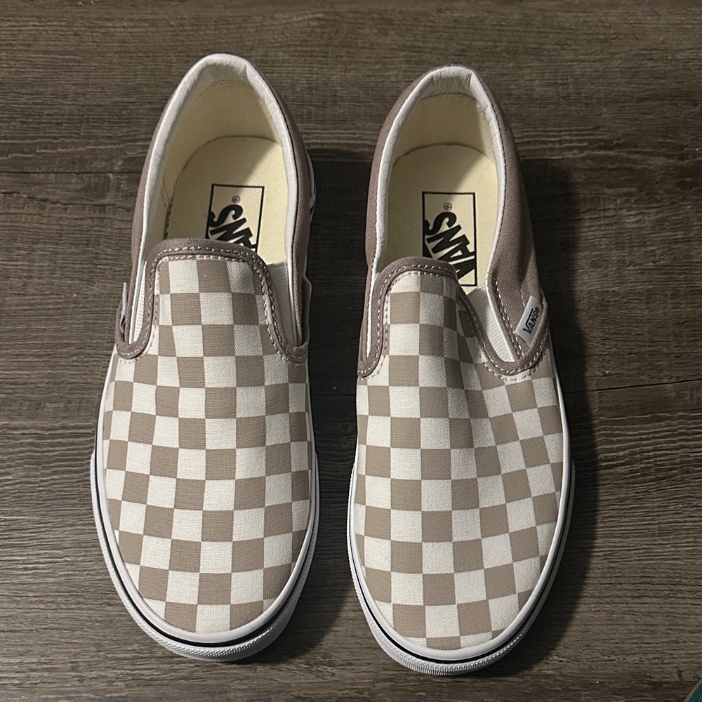 Vans Beige and White Checkered Slip-Ons